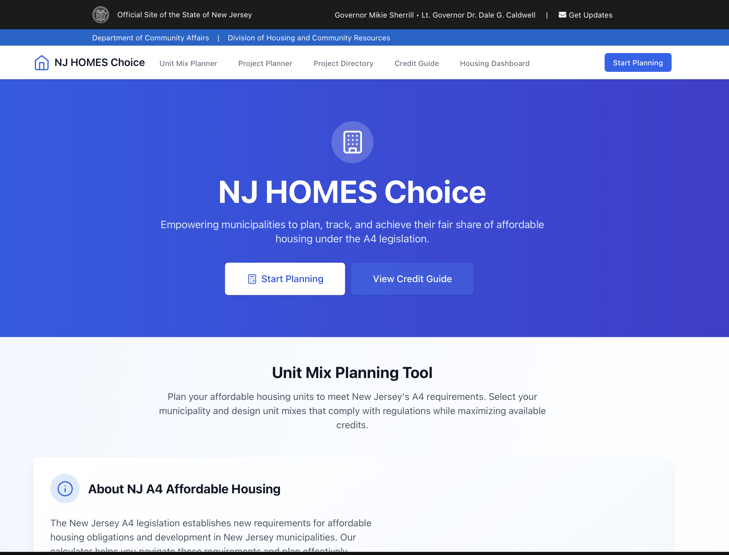 NJ HOMES Choice Tool homepage with Unit Mix Planning interface